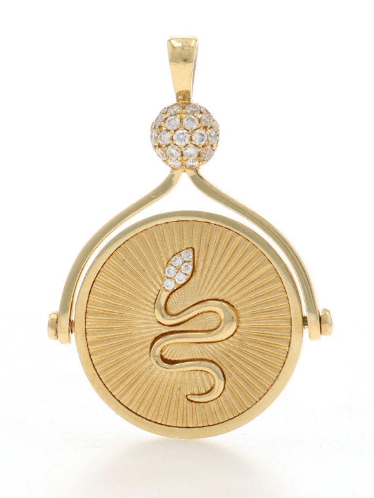 Yellow Gold Mother Of Pearl Diamond Serpent Spinner Pendant 18k 12ctw Snake